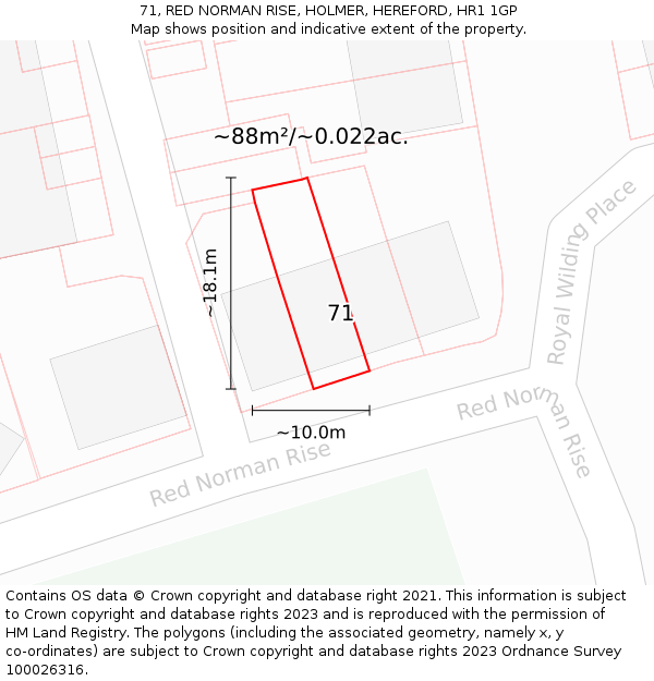 71, RED NORMAN RISE, HOLMER, HEREFORD, HR1 1GP: Plot and title map