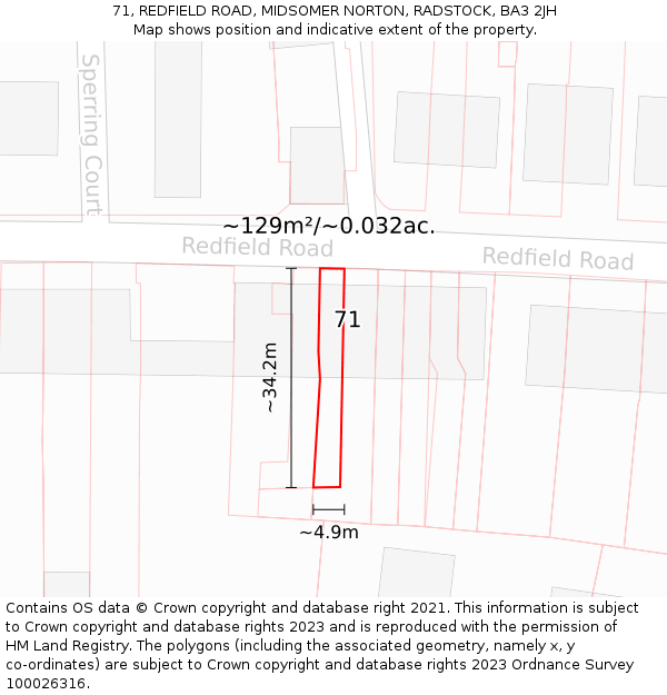 71, REDFIELD ROAD, MIDSOMER NORTON, RADSTOCK, BA3 2JH: Plot and title map