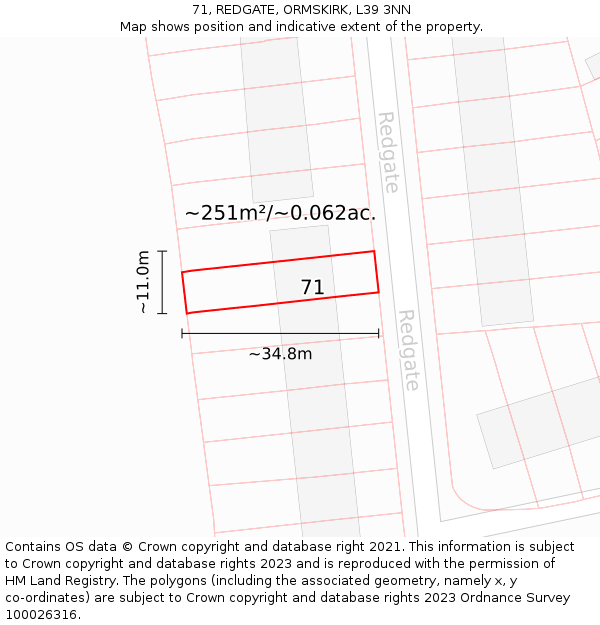 71, REDGATE, ORMSKIRK, L39 3NN: Plot and title map