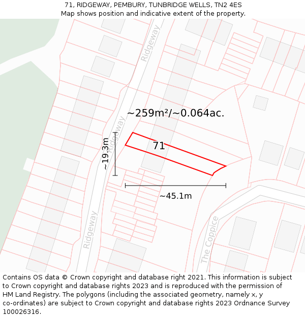 71, RIDGEWAY, PEMBURY, TUNBRIDGE WELLS, TN2 4ES: Plot and title map
