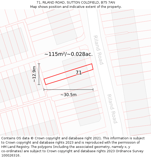 71, RILAND ROAD, SUTTON COLDFIELD, B75 7AN: Plot and title map