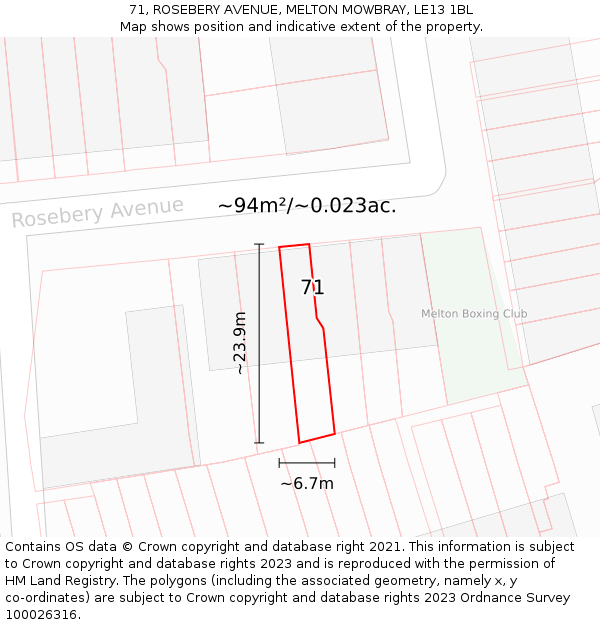 71, ROSEBERY AVENUE, MELTON MOWBRAY, LE13 1BL: Plot and title map