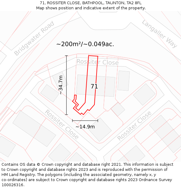 71, ROSSITER CLOSE, BATHPOOL, TAUNTON, TA2 8FL: Plot and title map