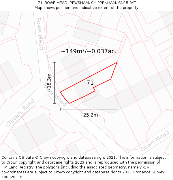 71, ROWE MEAD, PEWSHAM, CHIPPENHAM, SN15 3YT: Plot and title map