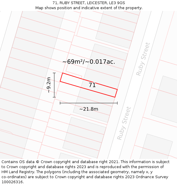 71, RUBY STREET, LEICESTER, LE3 9GS: Plot and title map