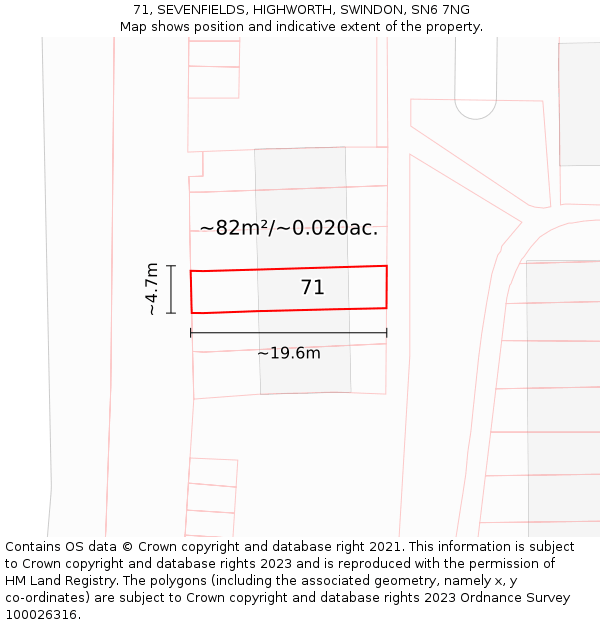 71, SEVENFIELDS, HIGHWORTH, SWINDON, SN6 7NG: Plot and title map