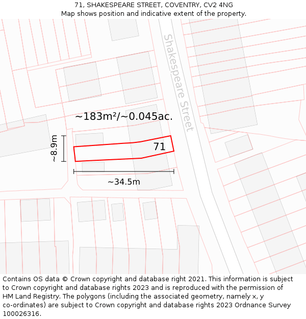 71, SHAKESPEARE STREET, COVENTRY, CV2 4NG: Plot and title map