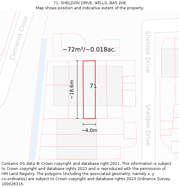 71, SHELDON DRIVE, WELLS, BA5 2HE: Plot and title map