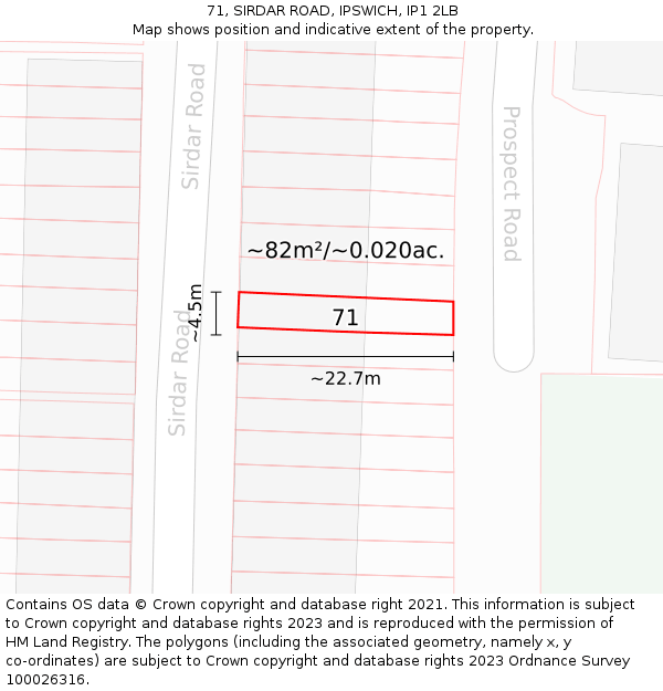 71, SIRDAR ROAD, IPSWICH, IP1 2LB: Plot and title map