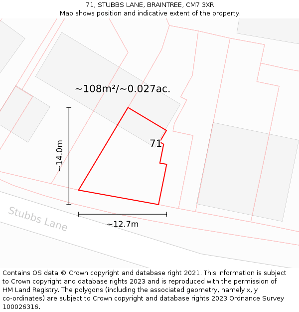 71, STUBBS LANE, BRAINTREE, CM7 3XR: Plot and title map
