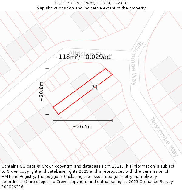 71, TELSCOMBE WAY, LUTON, LU2 8RB: Plot and title map