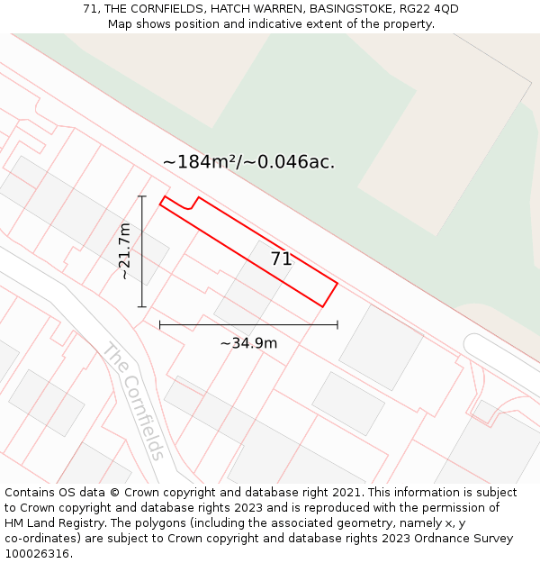 71, THE CORNFIELDS, HATCH WARREN, BASINGSTOKE, RG22 4QD: Plot and title map