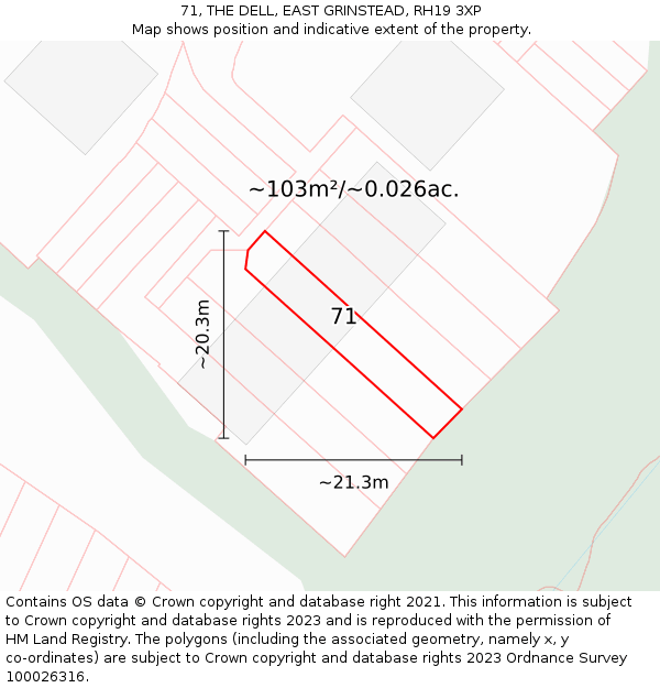 71, THE DELL, EAST GRINSTEAD, RH19 3XP: Plot and title map