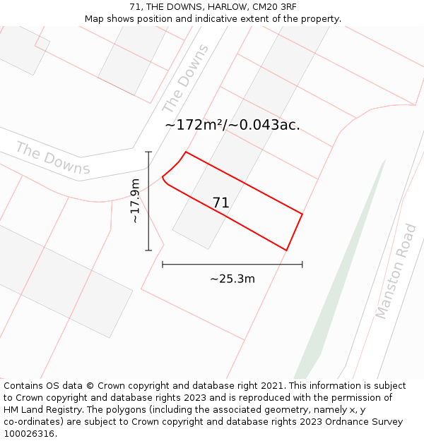 71, THE DOWNS, HARLOW, CM20 3RF: Plot and title map