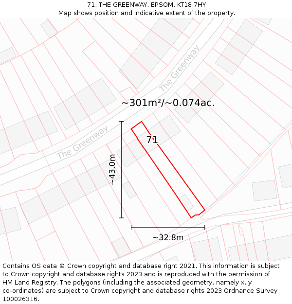 71, THE GREENWAY, EPSOM, KT18 7HY: Plot and title map