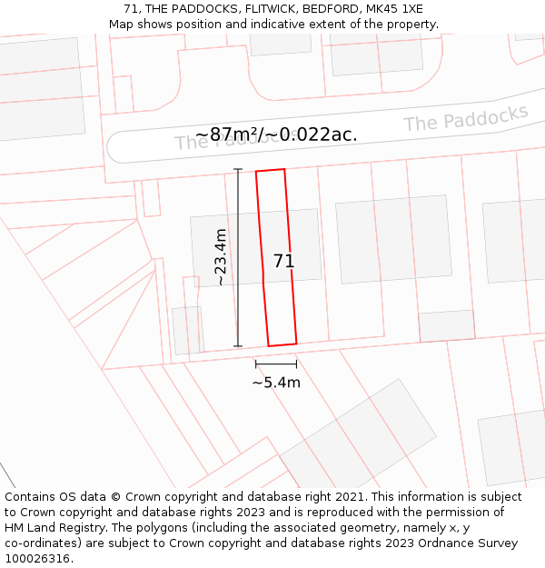 71, THE PADDOCKS, FLITWICK, BEDFORD, MK45 1XE: Plot and title map