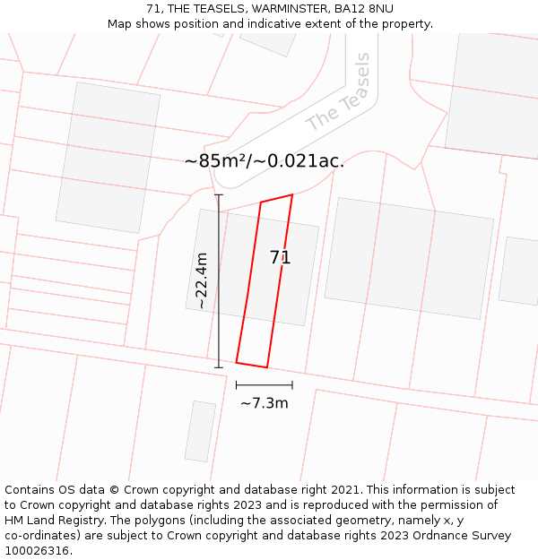 71, THE TEASELS, WARMINSTER, BA12 8NU: Plot and title map