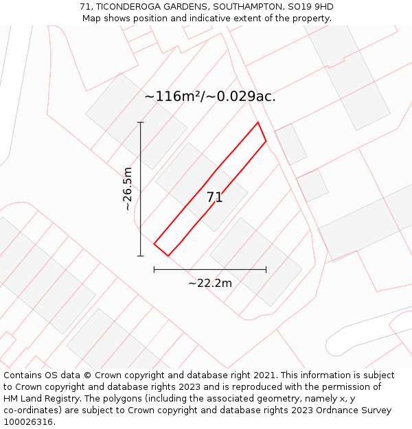 71, TICONDEROGA GARDENS, SOUTHAMPTON, SO19 9HD: Plot and title map
