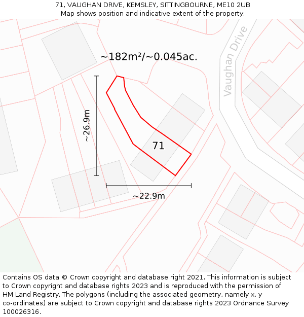 71, VAUGHAN DRIVE, KEMSLEY, SITTINGBOURNE, ME10 2UB: Plot and title map