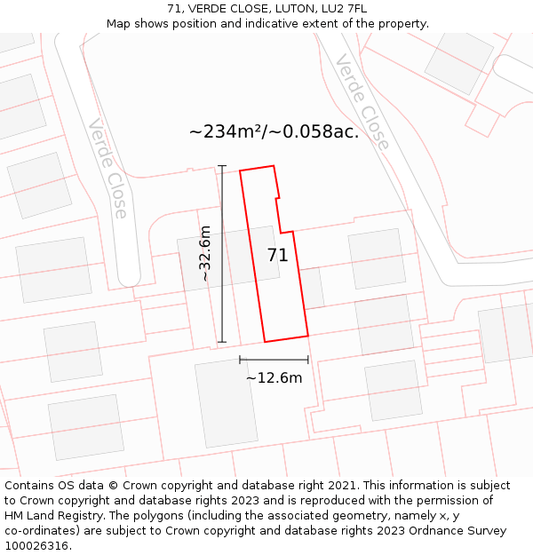 71, VERDE CLOSE, LUTON, LU2 7FL: Plot and title map