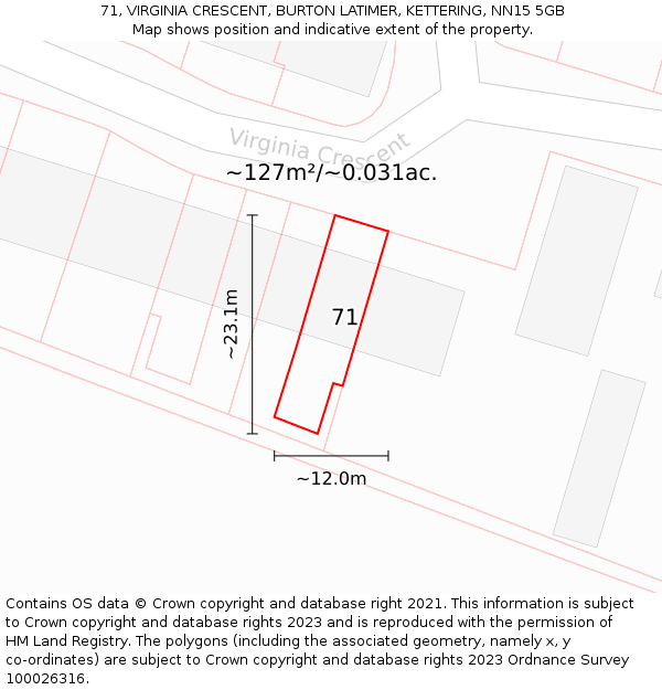 71, VIRGINIA CRESCENT, BURTON LATIMER, KETTERING, NN15 5GB: Plot and title map
