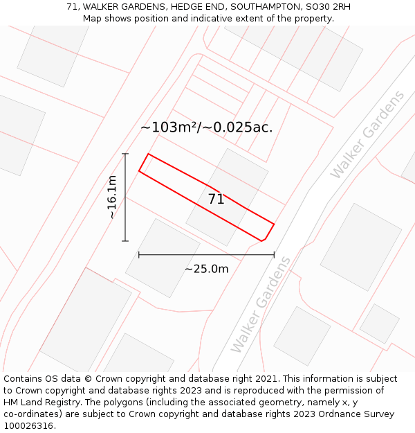 71, WALKER GARDENS, HEDGE END, SOUTHAMPTON, SO30 2RH: Plot and title map