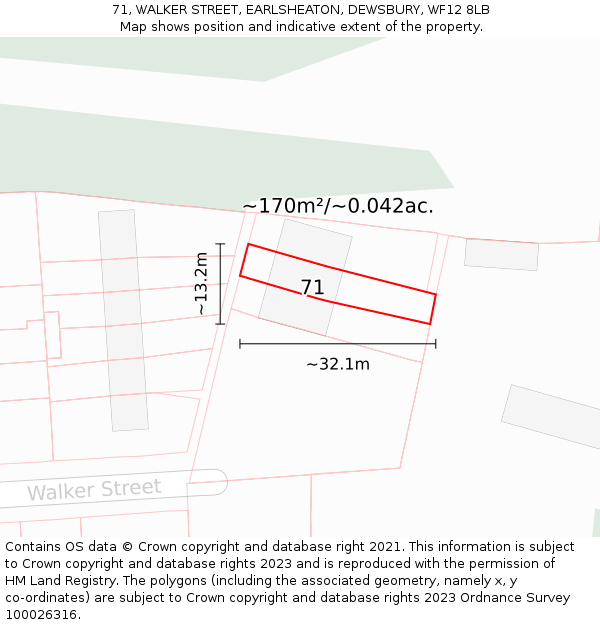 71, WALKER STREET, EARLSHEATON, DEWSBURY, WF12 8LB: Plot and title map