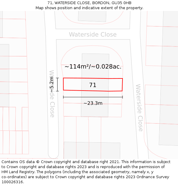 71, WATERSIDE CLOSE, BORDON, GU35 0HB: Plot and title map