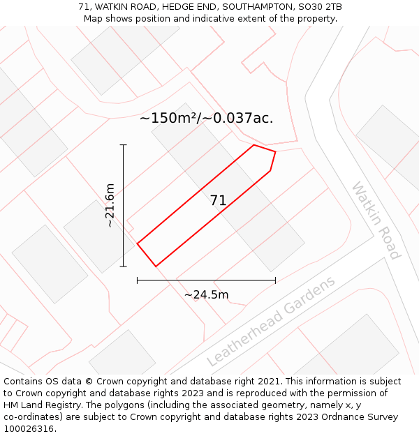 71, WATKIN ROAD, HEDGE END, SOUTHAMPTON, SO30 2TB: Plot and title map