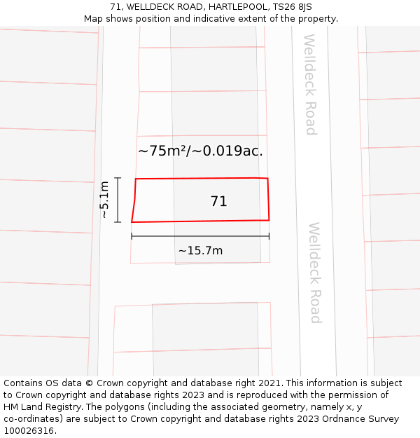 71, WELLDECK ROAD, HARTLEPOOL, TS26 8JS: Plot and title map