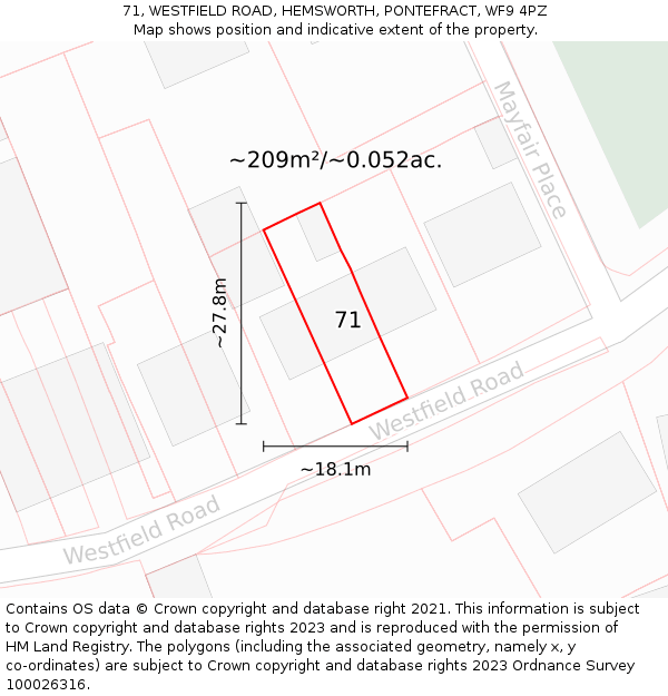 71, WESTFIELD ROAD, HEMSWORTH, PONTEFRACT, WF9 4PZ: Plot and title map