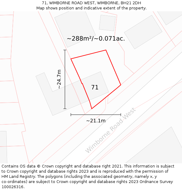 71, WIMBORNE ROAD WEST, WIMBORNE, BH21 2DH: Plot and title map