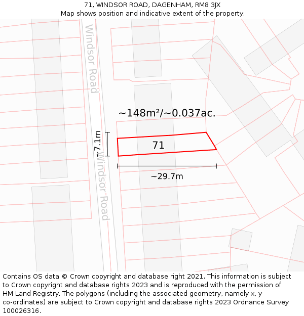 71, WINDSOR ROAD, DAGENHAM, RM8 3JX: Plot and title map