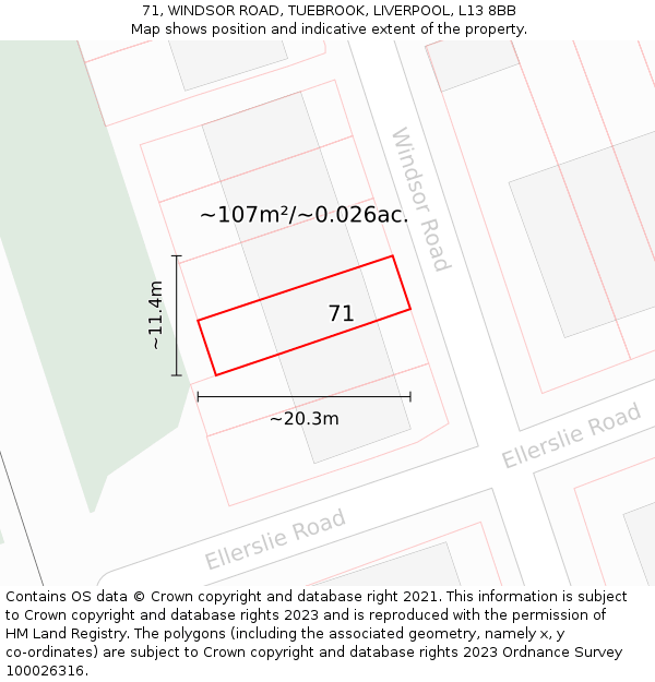 71, WINDSOR ROAD, TUEBROOK, LIVERPOOL, L13 8BB: Plot and title map