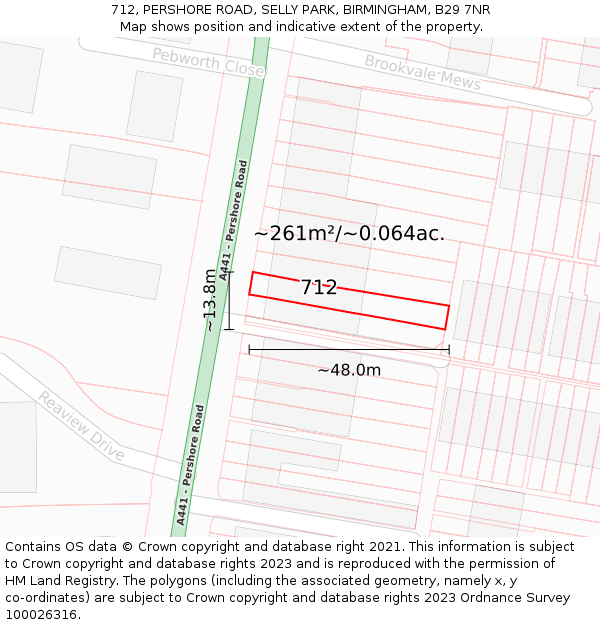712, PERSHORE ROAD, SELLY PARK, BIRMINGHAM, B29 7NR: Plot and title map