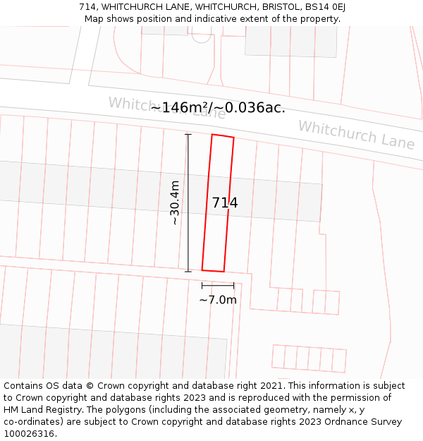 714, WHITCHURCH LANE, WHITCHURCH, BRISTOL, BS14 0EJ: Plot and title map