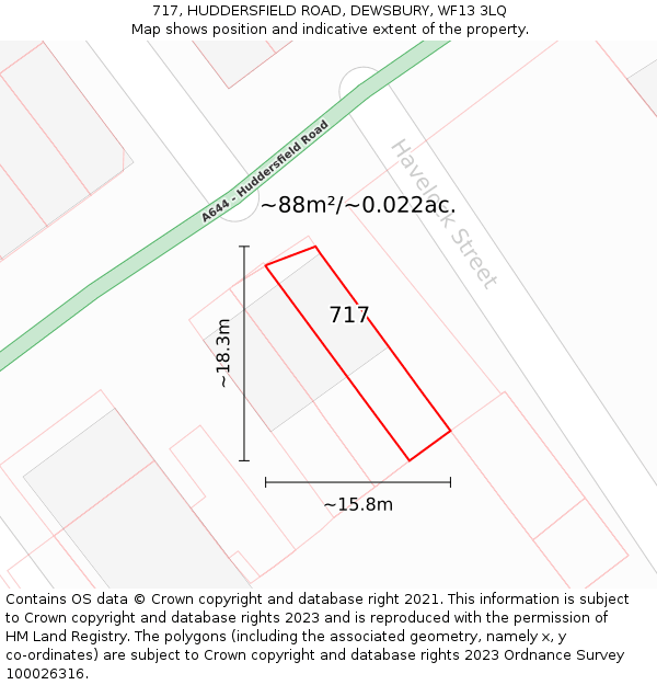 717, HUDDERSFIELD ROAD, DEWSBURY, WF13 3LQ: Plot and title map