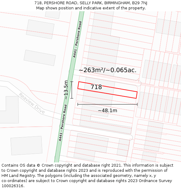 718, PERSHORE ROAD, SELLY PARK, BIRMINGHAM, B29 7NJ: Plot and title map
