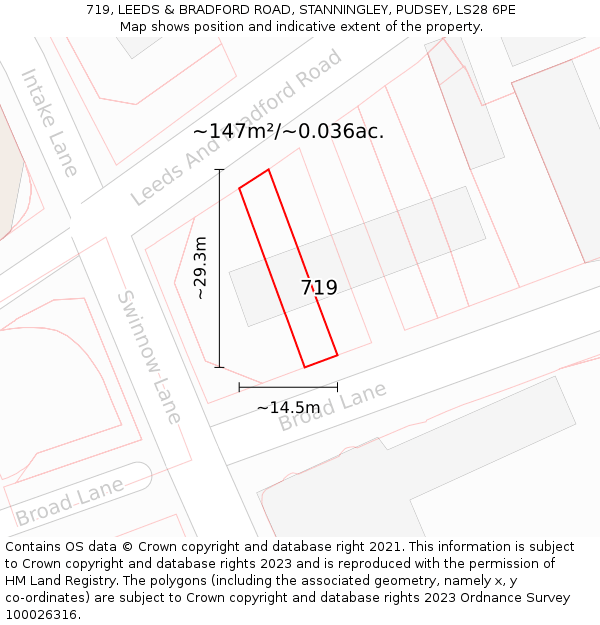 719, LEEDS & BRADFORD ROAD, STANNINGLEY, PUDSEY, LS28 6PE: Plot and title map