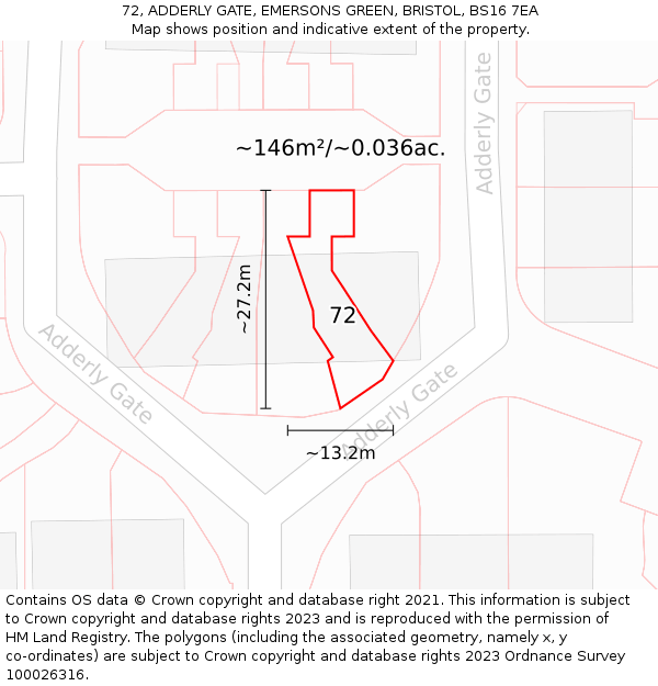 72, ADDERLY GATE, EMERSONS GREEN, BRISTOL, BS16 7EA: Plot and title map