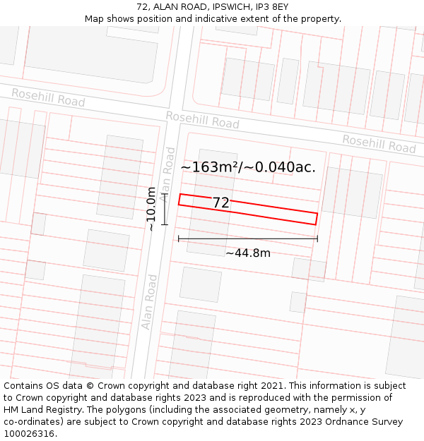 72, ALAN ROAD, IPSWICH, IP3 8EY: Plot and title map