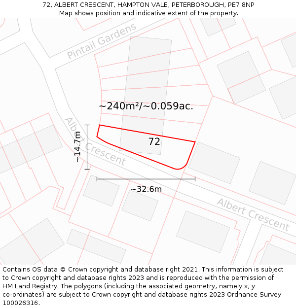 72, ALBERT CRESCENT, HAMPTON VALE, PETERBOROUGH, PE7 8NP: Plot and title map