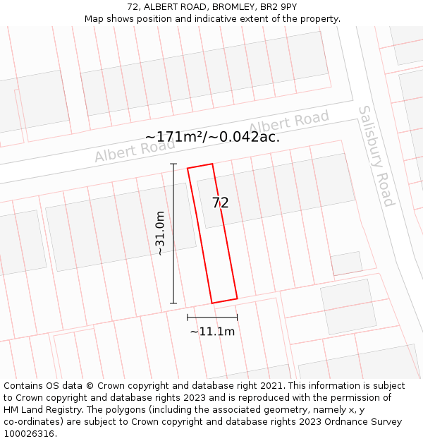 72, ALBERT ROAD, BROMLEY, BR2 9PY: Plot and title map