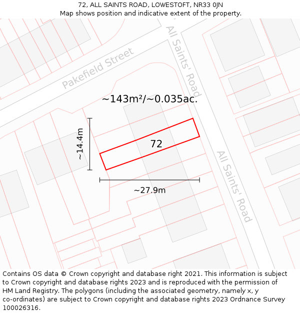 72, ALL SAINTS ROAD, LOWESTOFT, NR33 0JN: Plot and title map