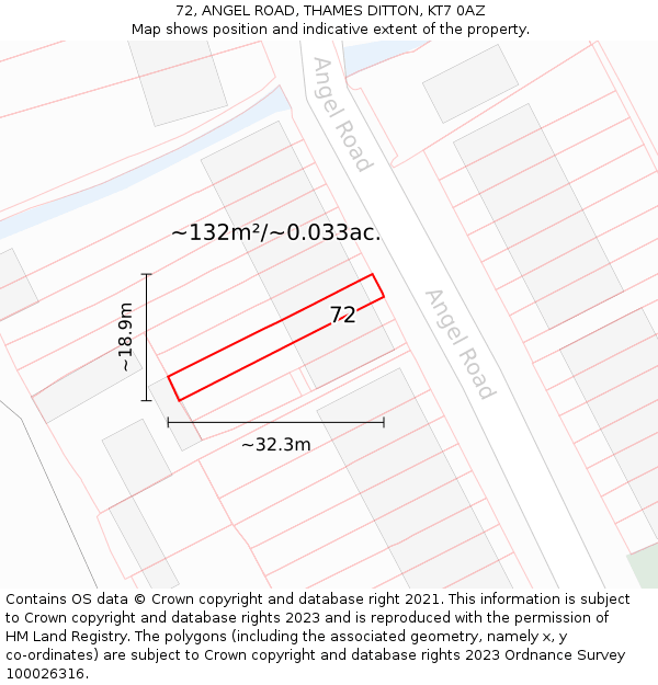 72, ANGEL ROAD, THAMES DITTON, KT7 0AZ: Plot and title map