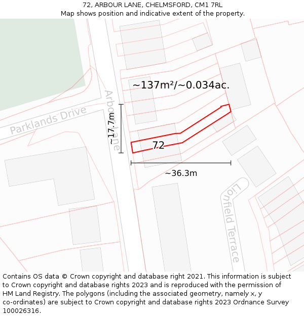 72, ARBOUR LANE, CHELMSFORD, CM1 7RL: Plot and title map