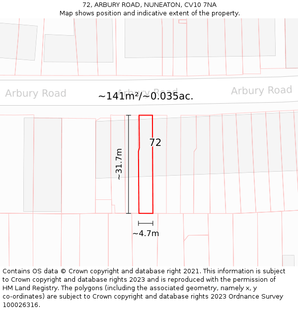 72, ARBURY ROAD, NUNEATON, CV10 7NA: Plot and title map