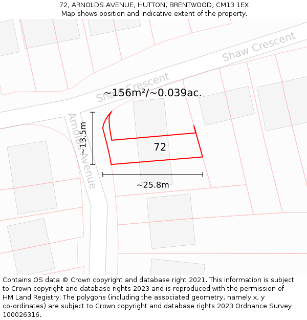 72, ARNOLDS AVENUE, HUTTON, BRENTWOOD, CM13 1EX: Plot and title map