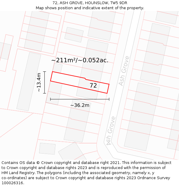 72, ASH GROVE, HOUNSLOW, TW5 9DR: Plot and title map