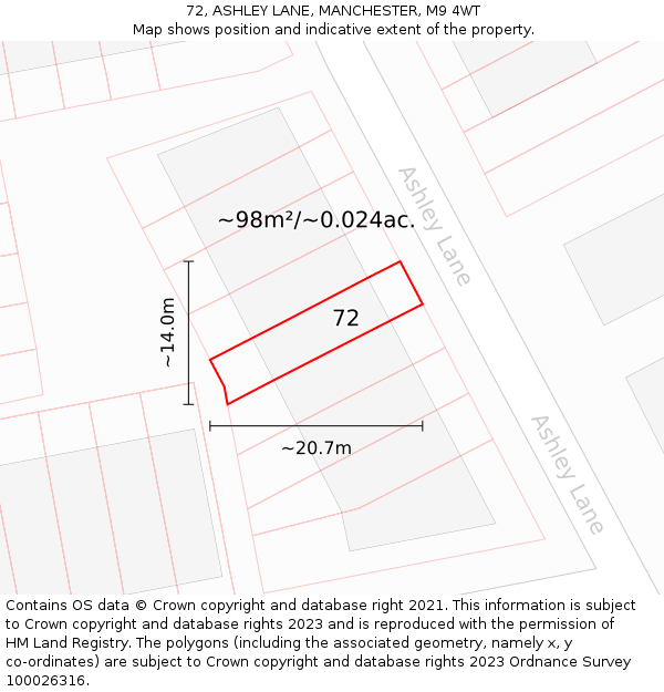 72, ASHLEY LANE, MANCHESTER, M9 4WT: Plot and title map